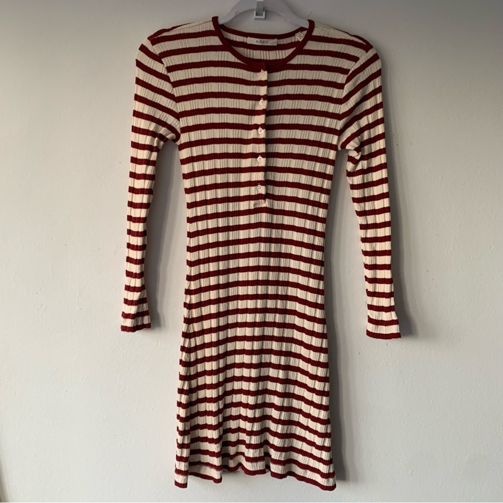 Doen Como Cotton Button Henley Long Sleeve Mini Dress Auburn San Simeon Stripe - Picture 7 of 13